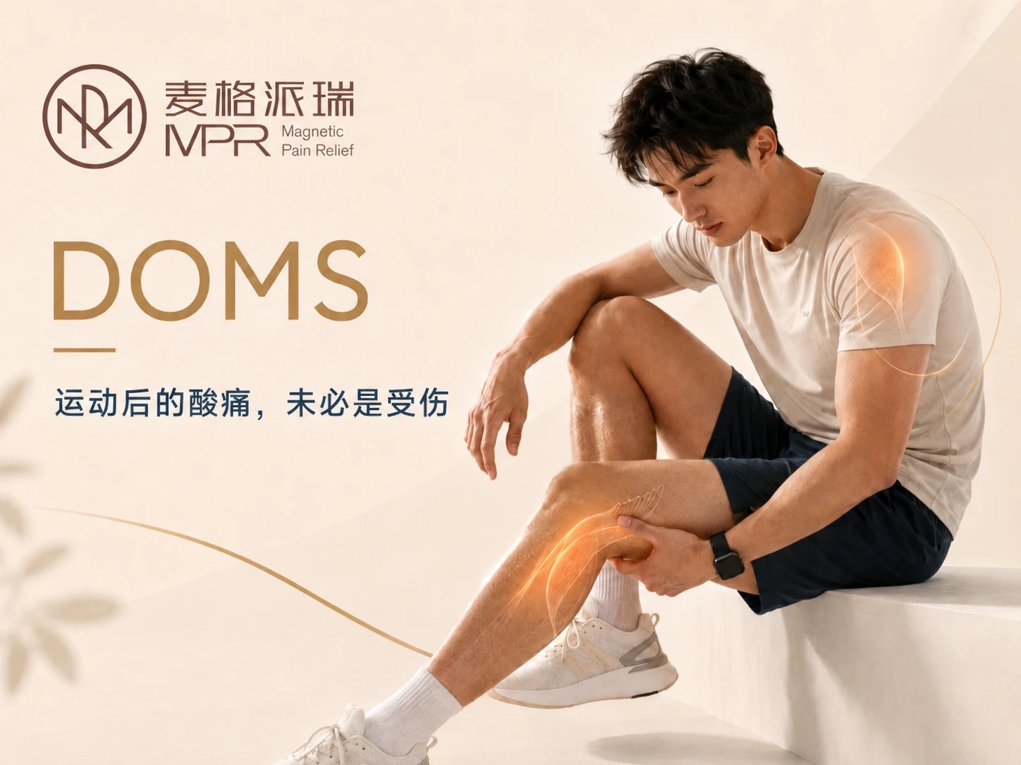 男性运动后坐着按压小腿，感受运动后的肌肉酸痛