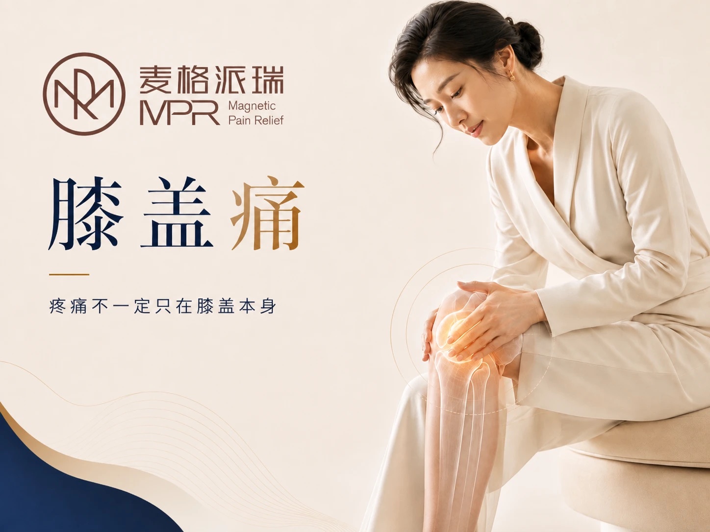女性坐姿检查膝关节，标注膝盖疼痛部位
