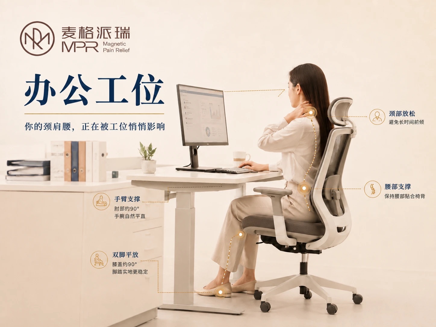 女性在办公桌前伏案工作，标注颈部、腰部和手臂的正确姿势要点
